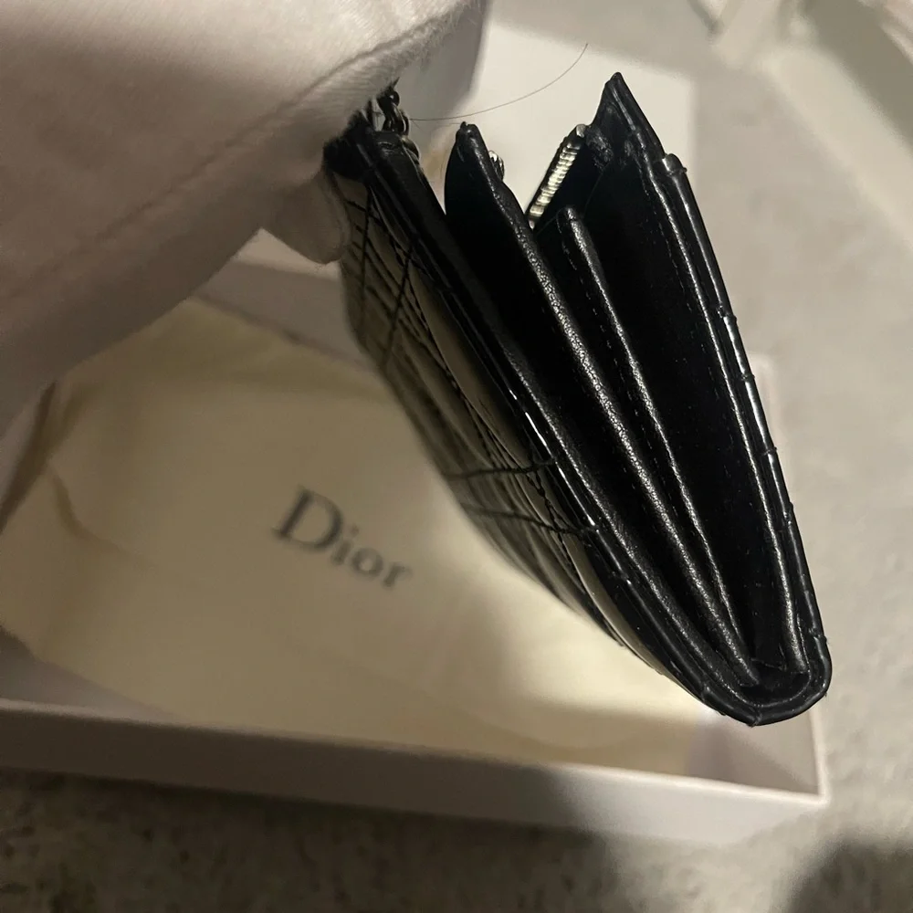 Dior Cannage Black Patent Quilted Wallet on Chain with Silver Hardware